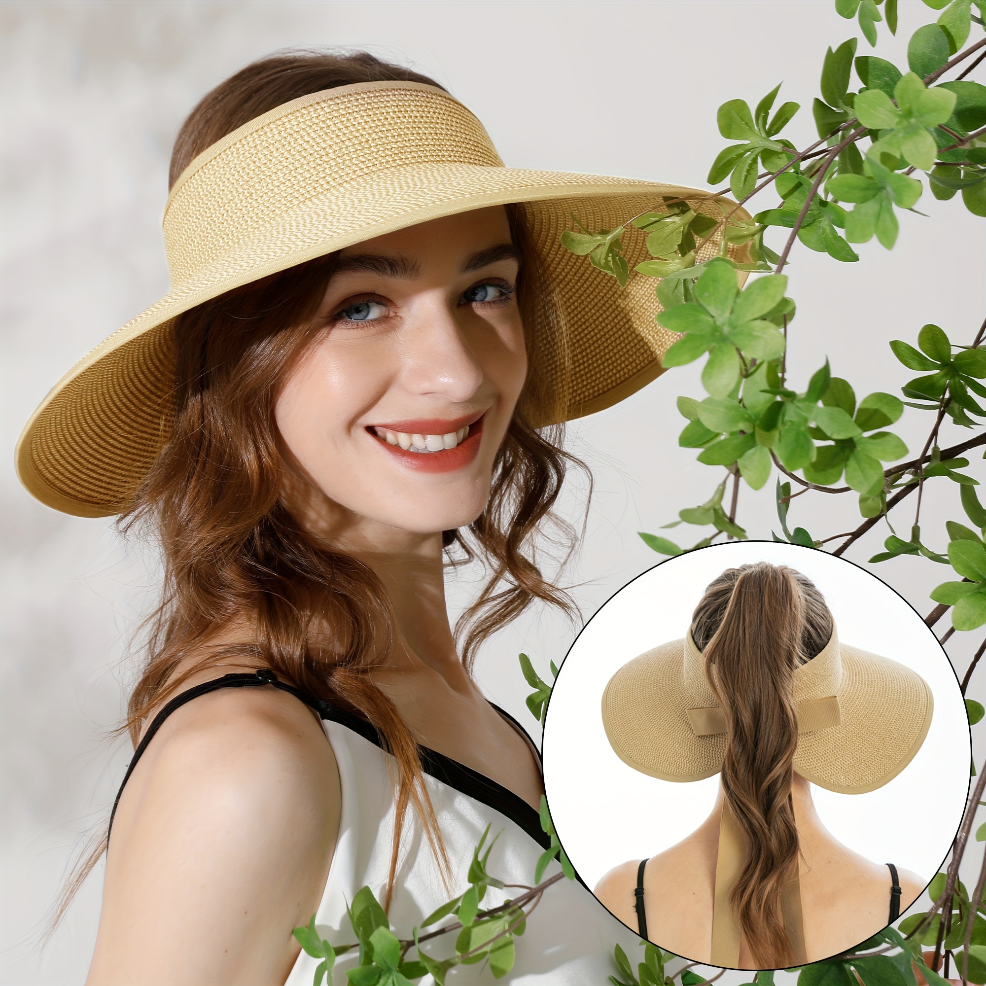 

Straw Visors For Women Roll Up Wide Brim Foldable Sun Hat For Women With Ponytail Hole Beach Visor Straw Hats