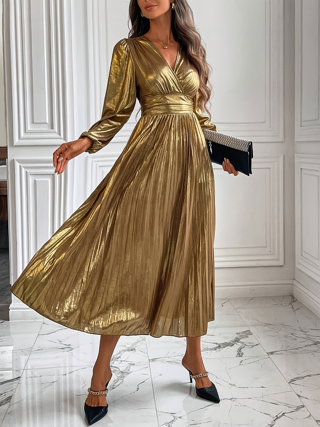 spring autumn elegant pleated dress gown women's clothing - Temu Italy