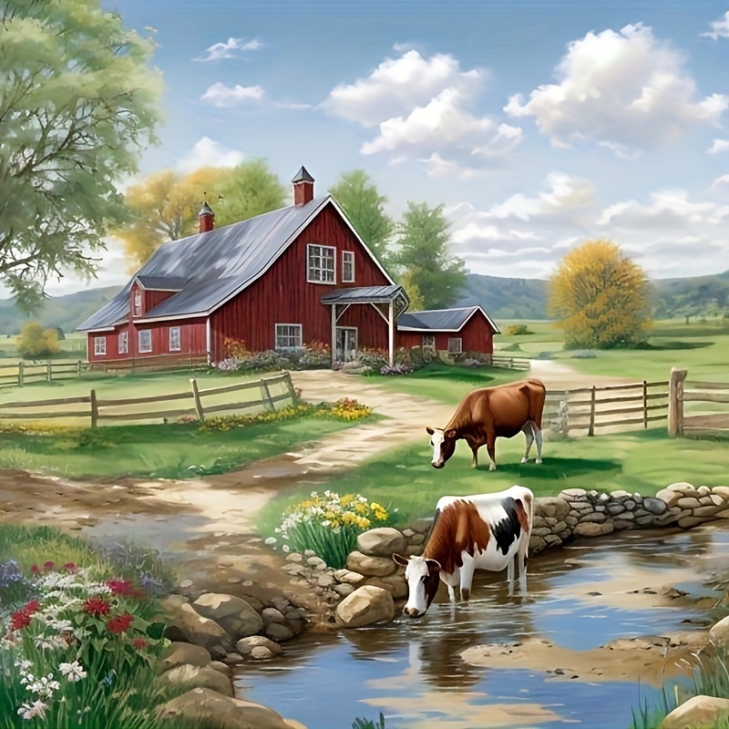 

Diy 5d Diamond Painting Kit - Rustic Cow & Landscape | 11.8x11.8in Frameless Full Drill Round Diamond Art | Cross Stitch Embroidery Craft For Wall Decor | Perfect Gift Idea