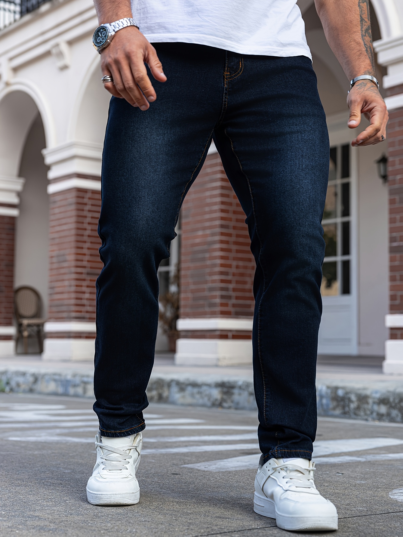 1pc Men'S Classic Stretch Denim Jeans - Casual Slim Fit Regular Length with Built-in Zipper, Medium Waist, Solid Color, All-Season, 270g/m² Fabric Weight, Versatile Solid Color Design