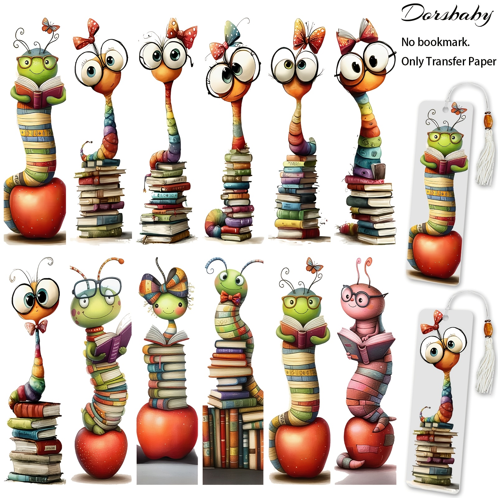 TEMU 24pcs A Whimsical Bookworm Uv Dtf Transfer For Acrylic Bookmarks, Rub-on For Diy Book Lovers Reading Nook Accessories, High (no Bookmarks, Only