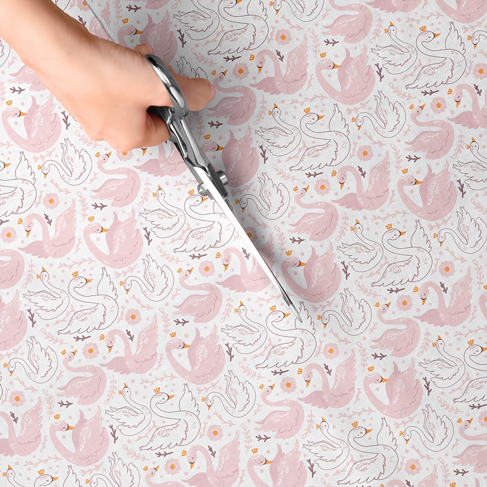 TEMU 1pc Swan Themed Print Fabric - 59 X 19.68 Inches (150 X 50cm) Pre-cut Polyester Fabric With Whimsical Swan & Floral Patterns - Suitable For Diy