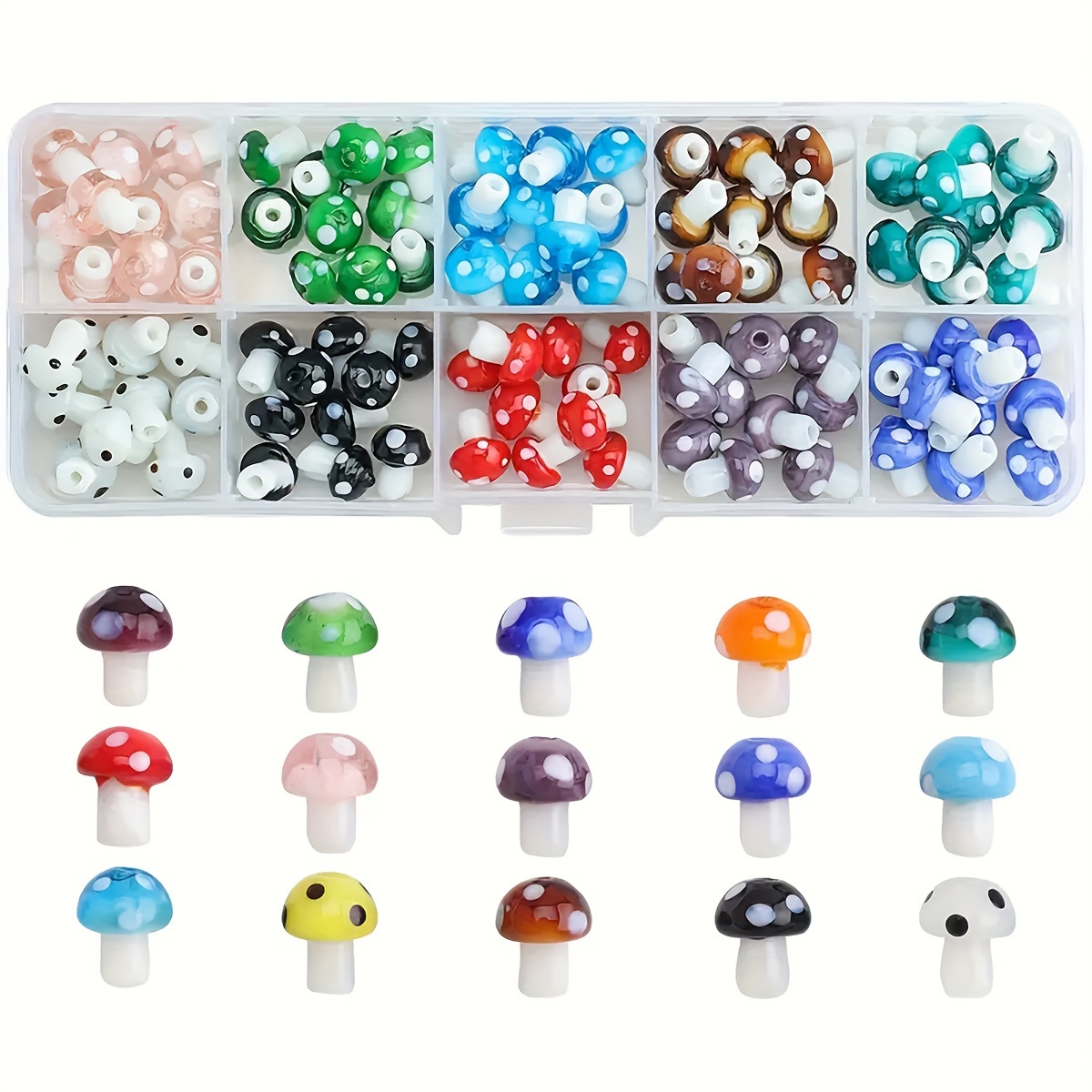 

50pcs A Box 10mm Glass Mushroom Head Random Color 10 Grids Set Box For Diy Creative Bracelet Necklace Phone Chain Various Cute Beaded Accessories