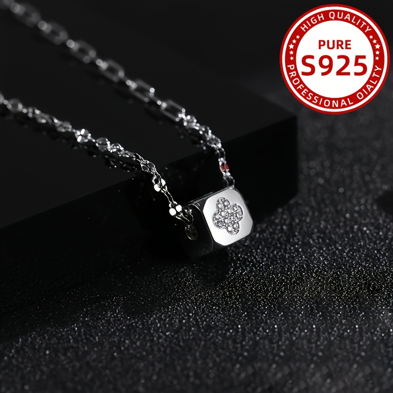 Women's Pendant Necklace Square Four Leaf Clover Charm 925 Sterling Silver