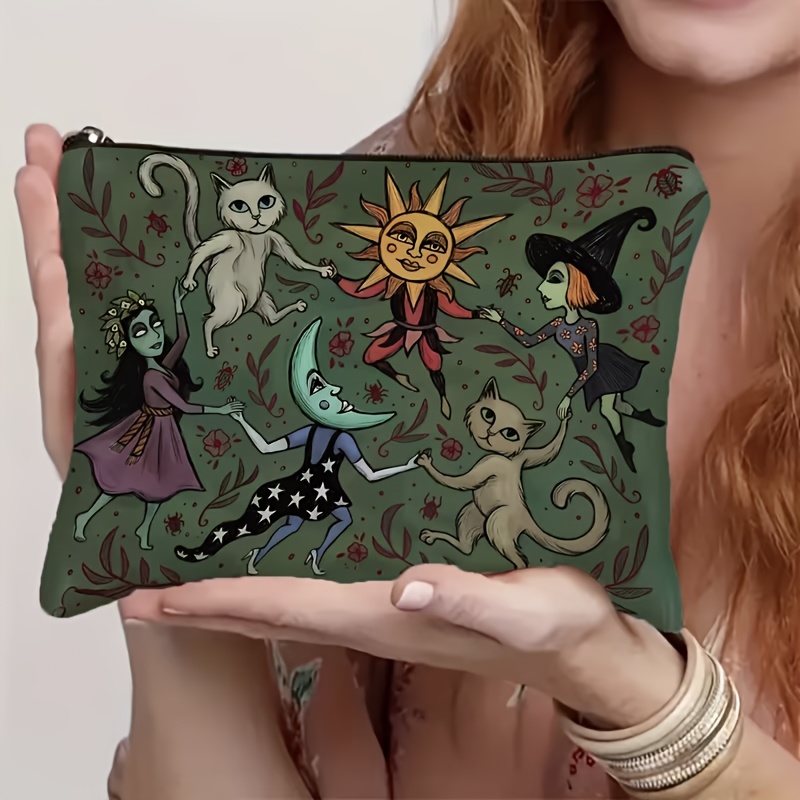 TEMU 1 pz. Borsa da Trucco Foresta Incantata Borsa a Stampata con Gatto Strega Luna Stella e Elementi Verde Scuro Cerniera Pochette Cosmetici