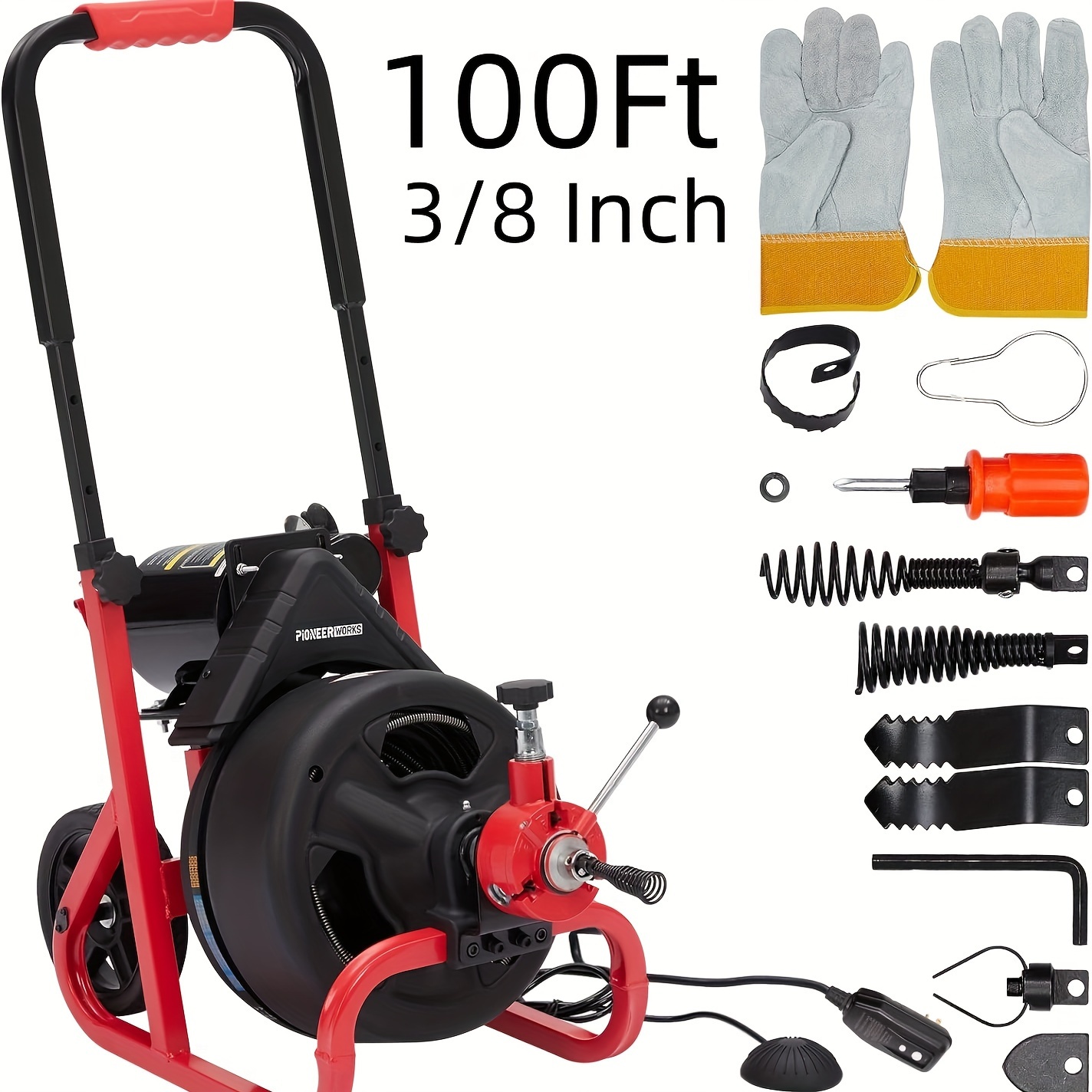 

100ft X 3/8in Portable Drain Cleaner Machine, Heavy Duty Sewer Snake Machine Auto Feed, Drain Auger Cleaner With 6 Cutters, Air-activated Foot Switch