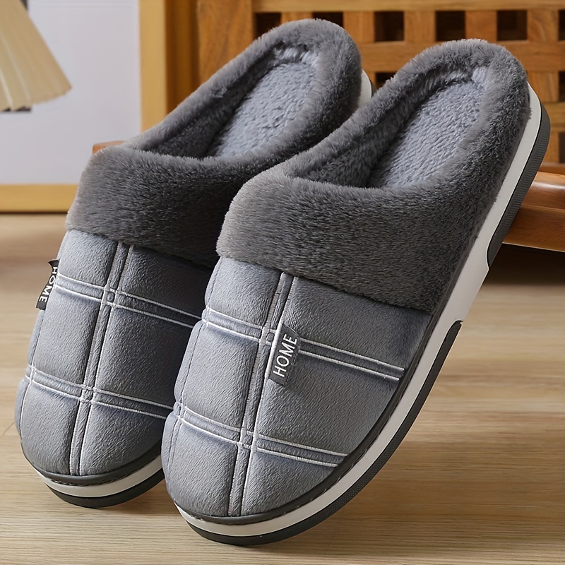 

Plus Size Men's Classic Plaid Hollow Out Fuzzy Slippers, Comfy Non Slip Thermal Rubber Sole Bedroom Slides, Winter & Autumn