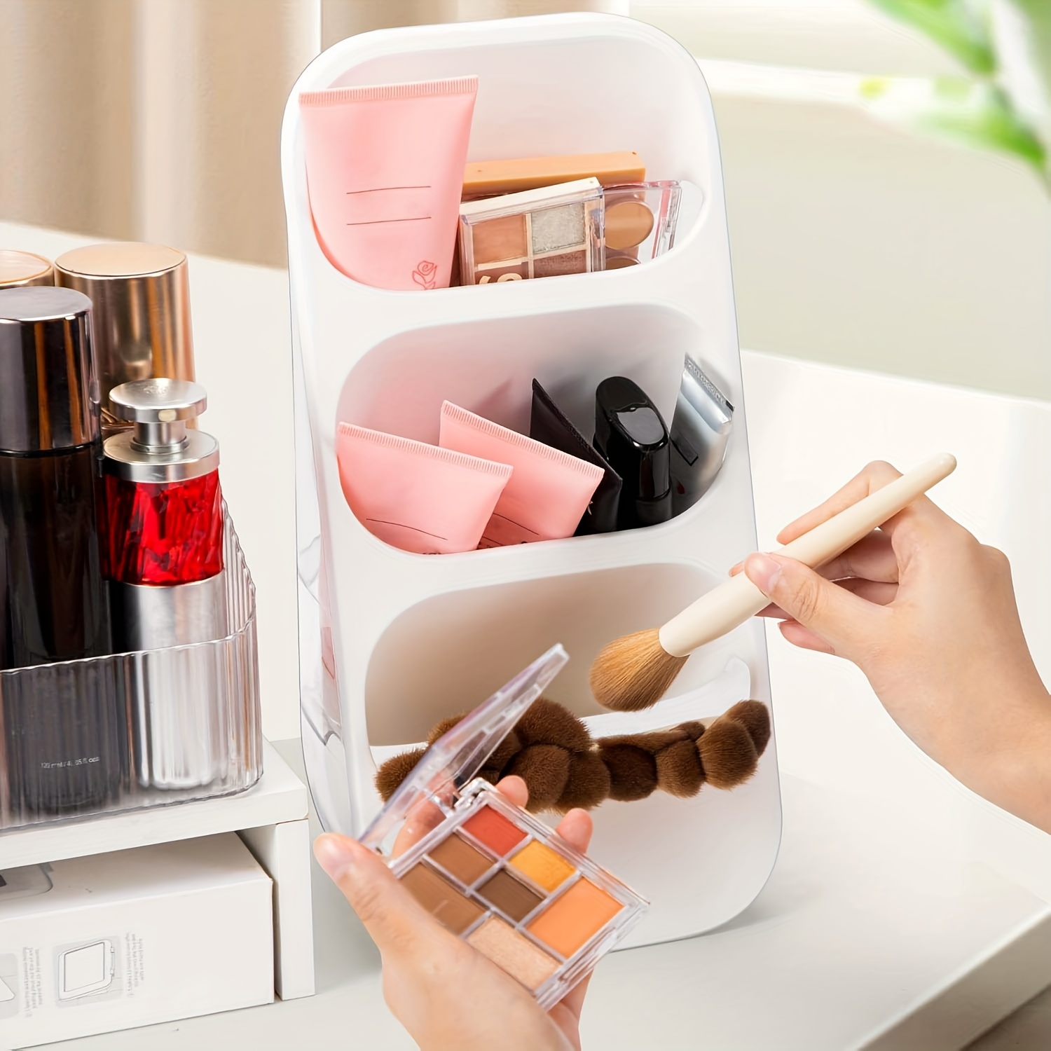 3 tier makeup brush holder organizer with multiple compartments lightweight plastic countertop storage for brushes lipsticks skincare products and stationery   bathroom or vanity display makeup brush holder Product details 1