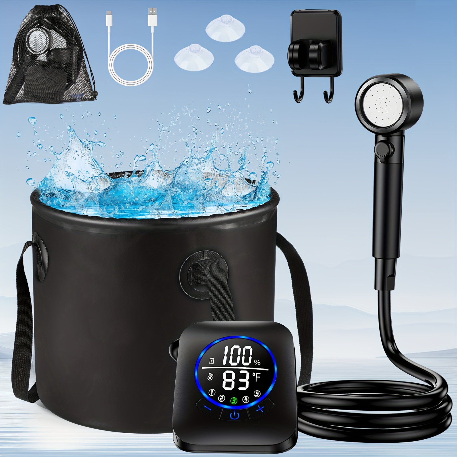 TEMU Shower Portable Rechargeable 8000mAh - Pompe de Douche Extérieure avec Affichage LED, Entrée à 5 Côtés, 5 Modes Pression pour Camping, Plage,