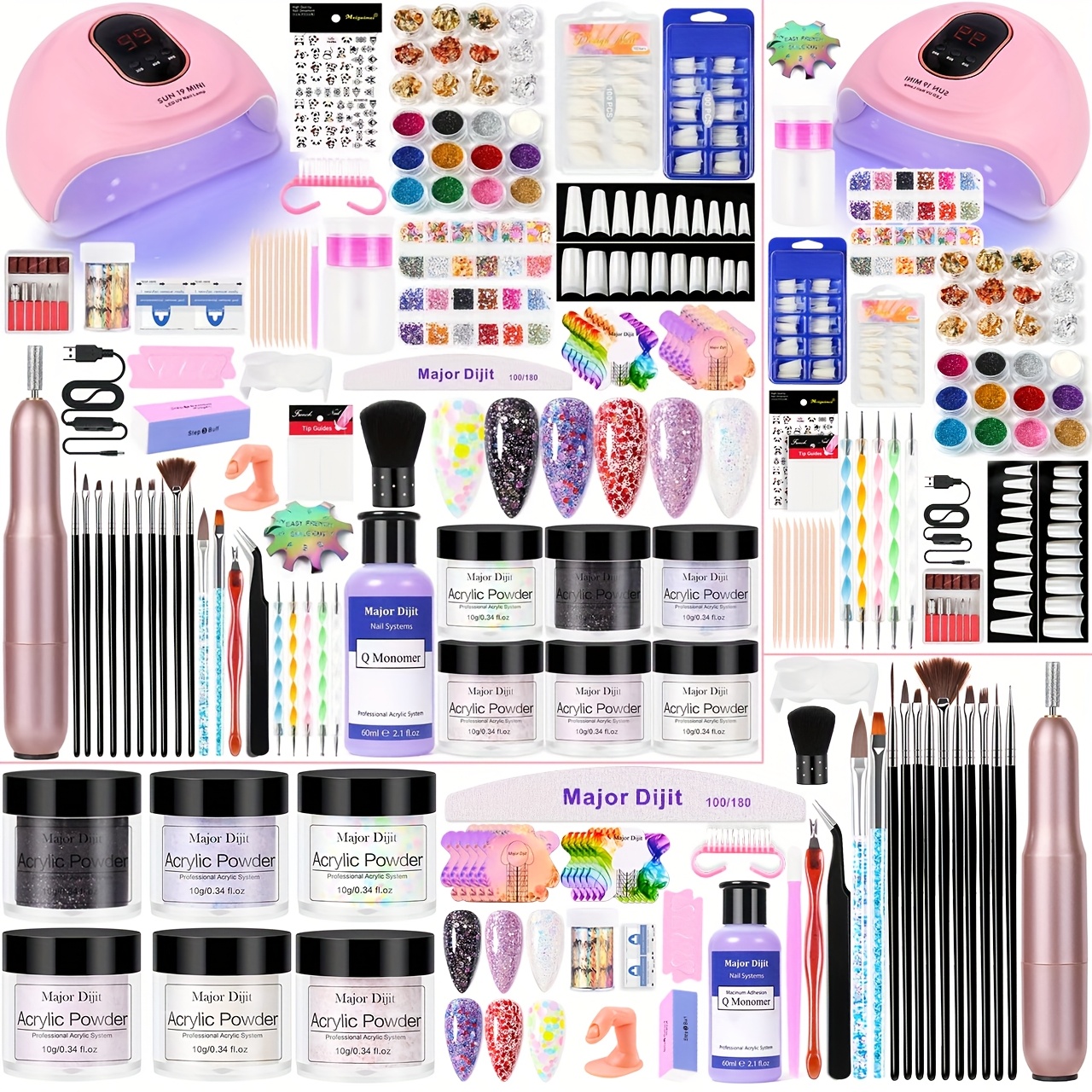 Major Dijit Acrylic Nail Kit With Nail Lamp, 0.35 Oz White Clear Pink Black And More 6Colors Acrylic Powder And Liquid Kit, Electric Nail Drill, Glitter, Nail Art Brushes, Nail Kit For Beginners