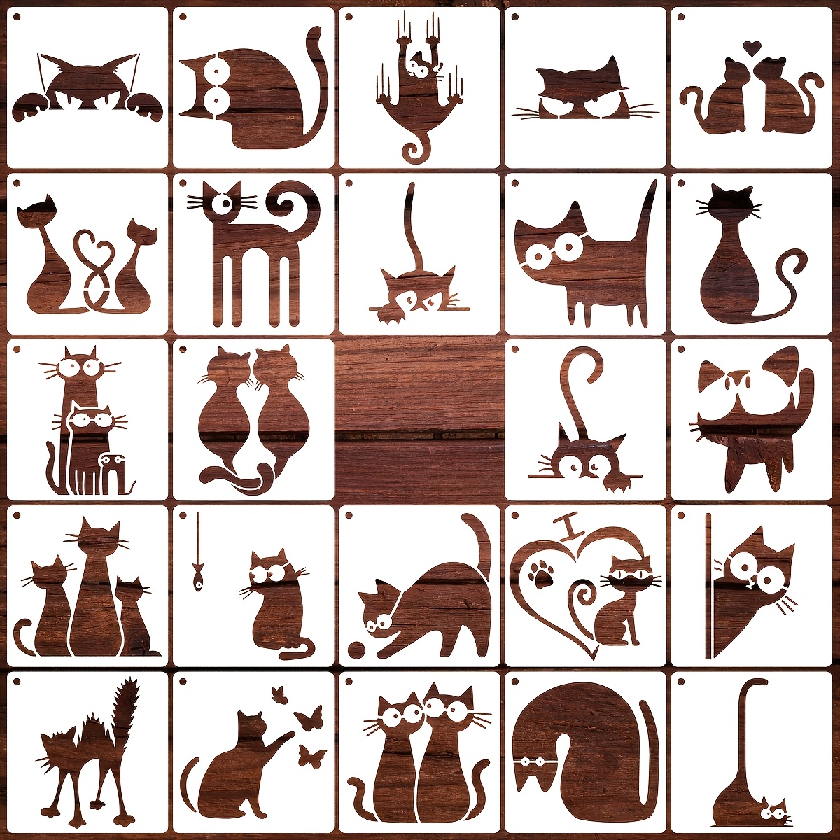 TEMU 24-sheet Set Of Easy Cartoon Hollow Painting Template Set, Peeking Head, Play Fishing, Couple Pair, Glasses Cute Cat Multi- Kitten Silhouette