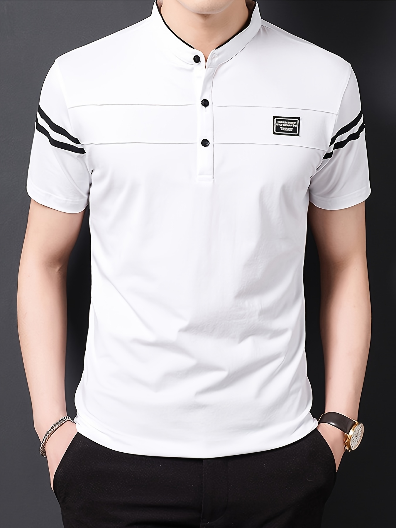 Summer Men's T-Shirt, Solid Color Stand Collar Striped Short Sleeve Shirt, Suitable for Sports, Outdoor, Casual