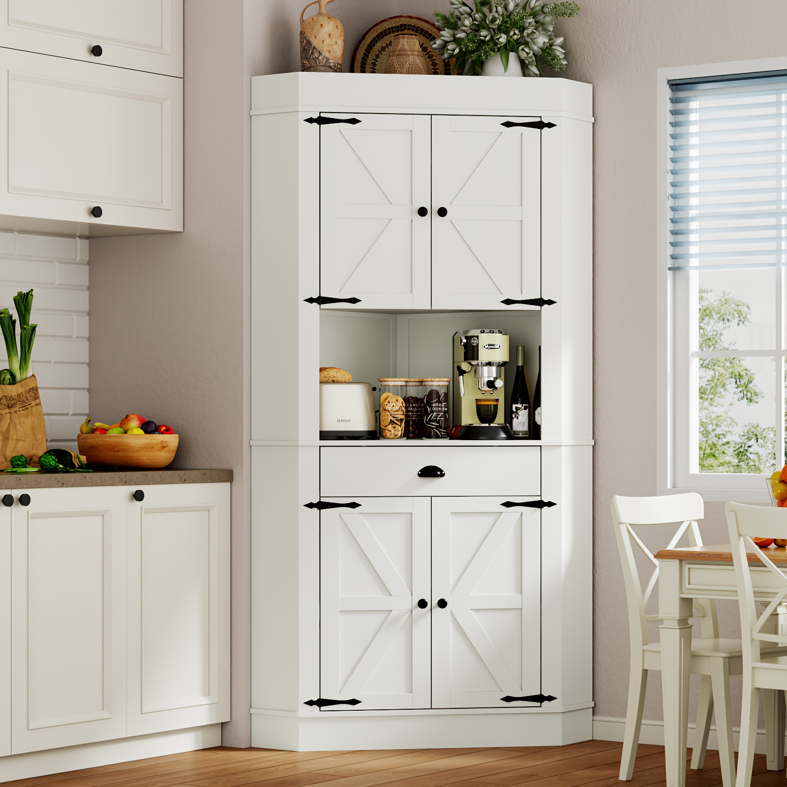 TEMU Corner Cabinet With Charging Station, 74"tall Kitchen Pantry Storage Cabinet With Drawer, Freestanding Kitchen Pantry Cabinets With Doors And