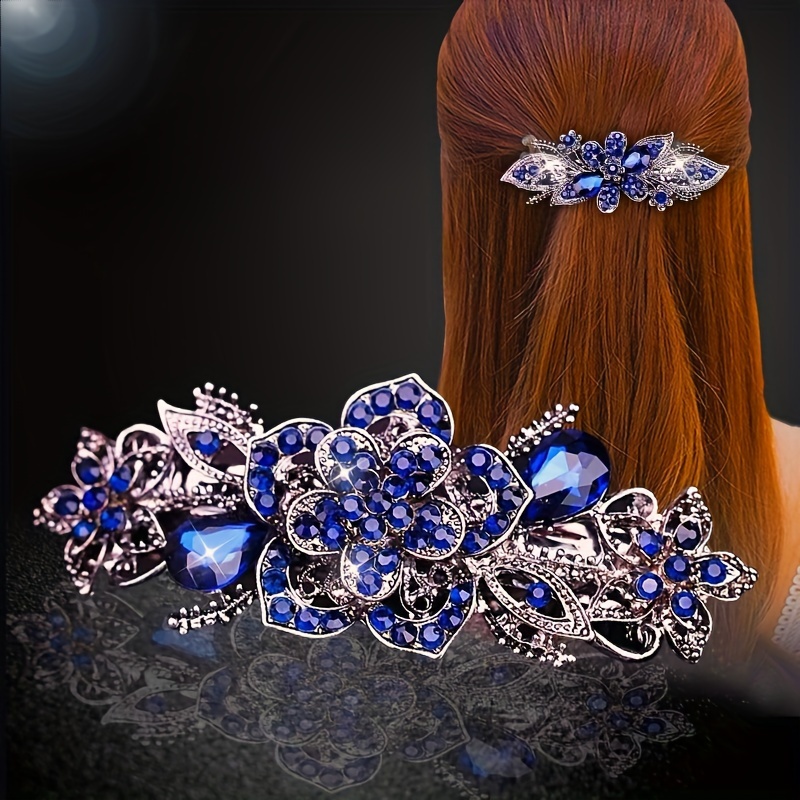 

1pc Vintage Bling Bling Rhinestone Flower Decorative Hair Clip Non Slip Ponytail Holder Trendy Hair Barrette For Women And Daily Use
