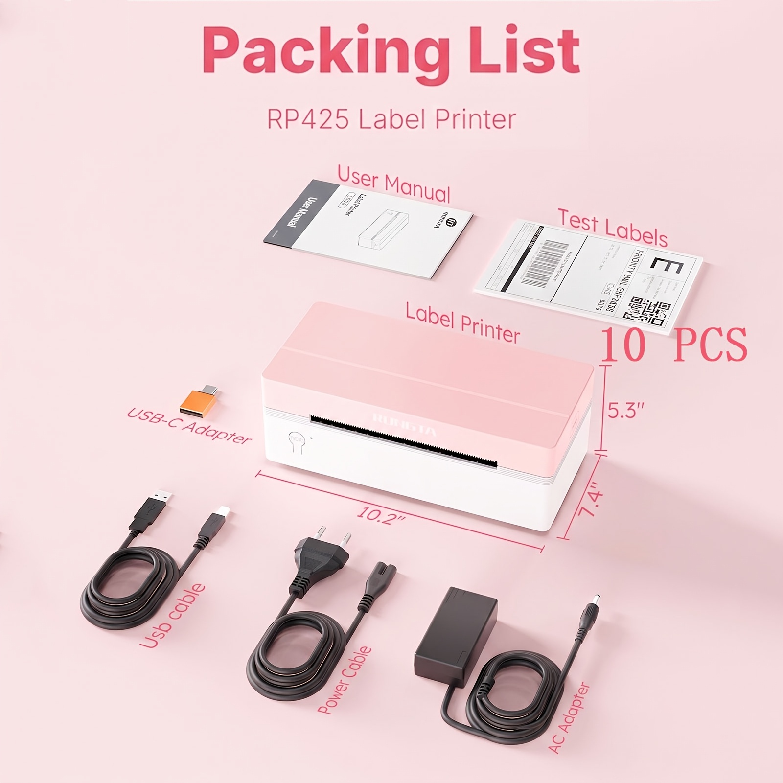 Image of Rongta Rp425 4x6 Thermal Label Printer - Usb Powered & Wireless, Compatible With , Windows - Ideal For Small , Packaging & Shipping, /pink, Included 10pcs Thermal Paper