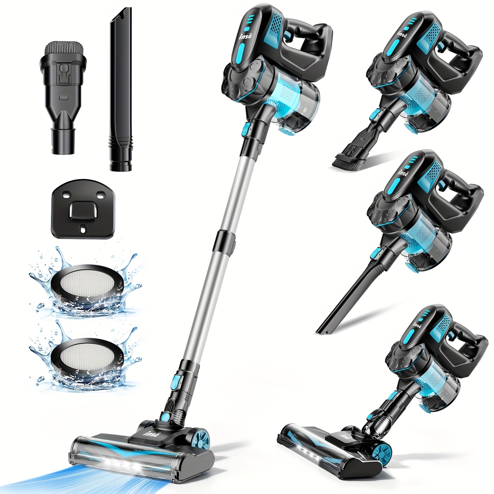 the   portable vacuum cleaner boasts a strong 29kpa     to eliminate pet hair from   carpets and wooden floors it   with an led lit nozzle and   attachments   tidying up car  
