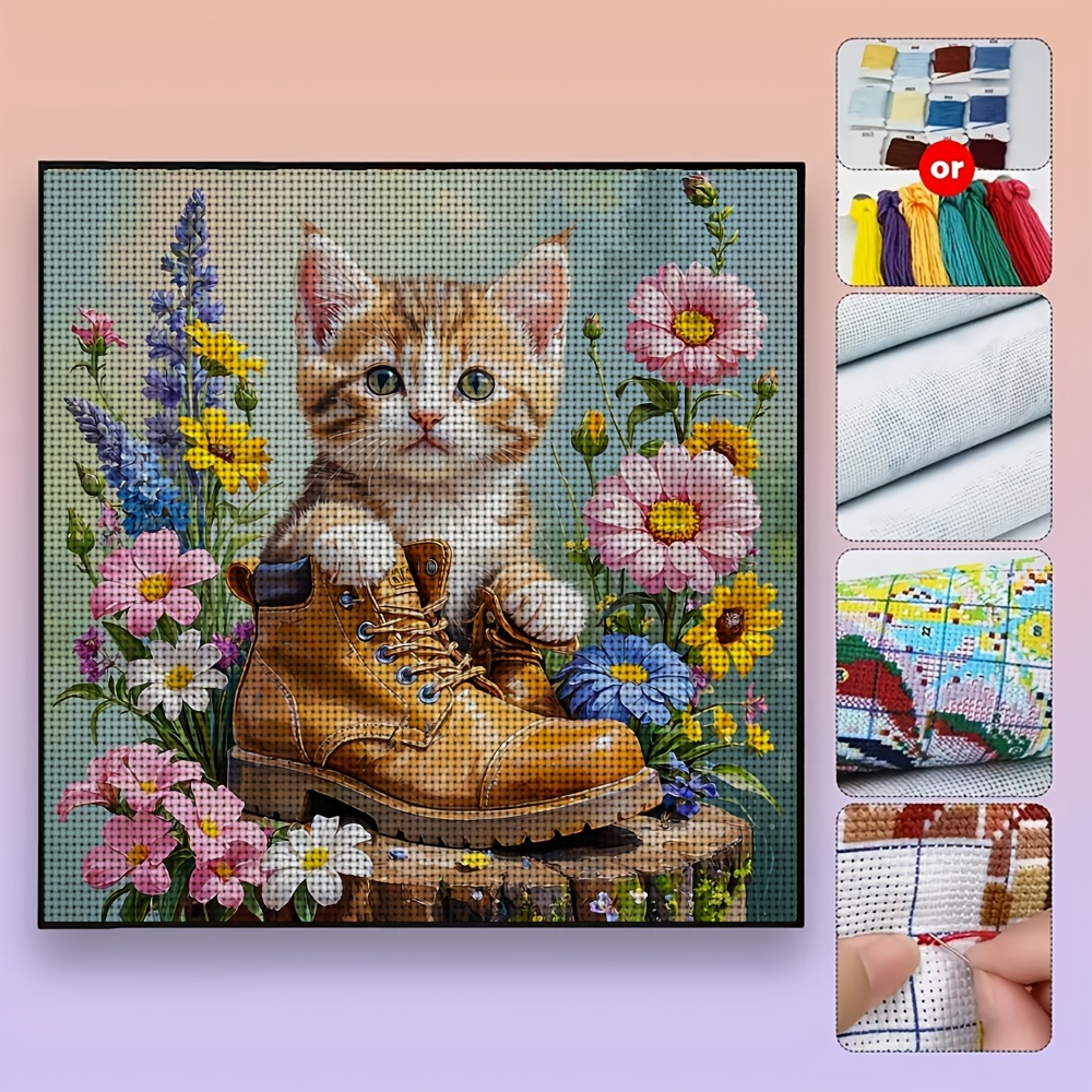 Stitch Print Set, Little Cat Sitting on Boots with Flowers