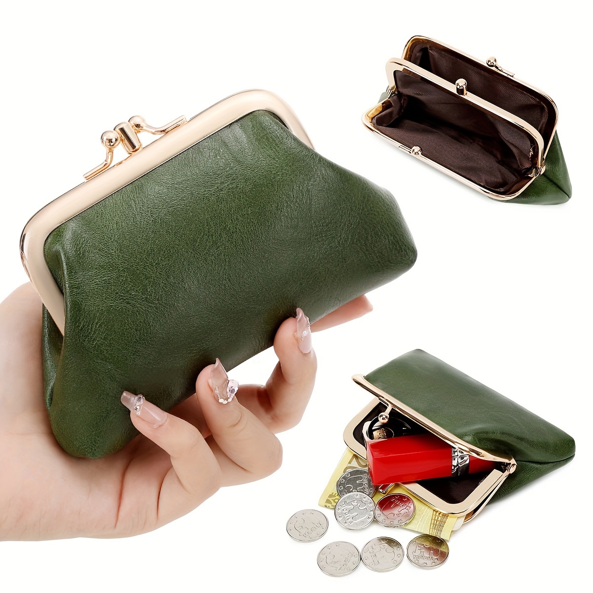 

1pc Miyin Vintage Green Leather Mini Wallet, Double Layer Envelope Clutch With Kiss Lock, Polyester Lined Coin Purse With Key And Earphone Storage, Painted Coin Pocket