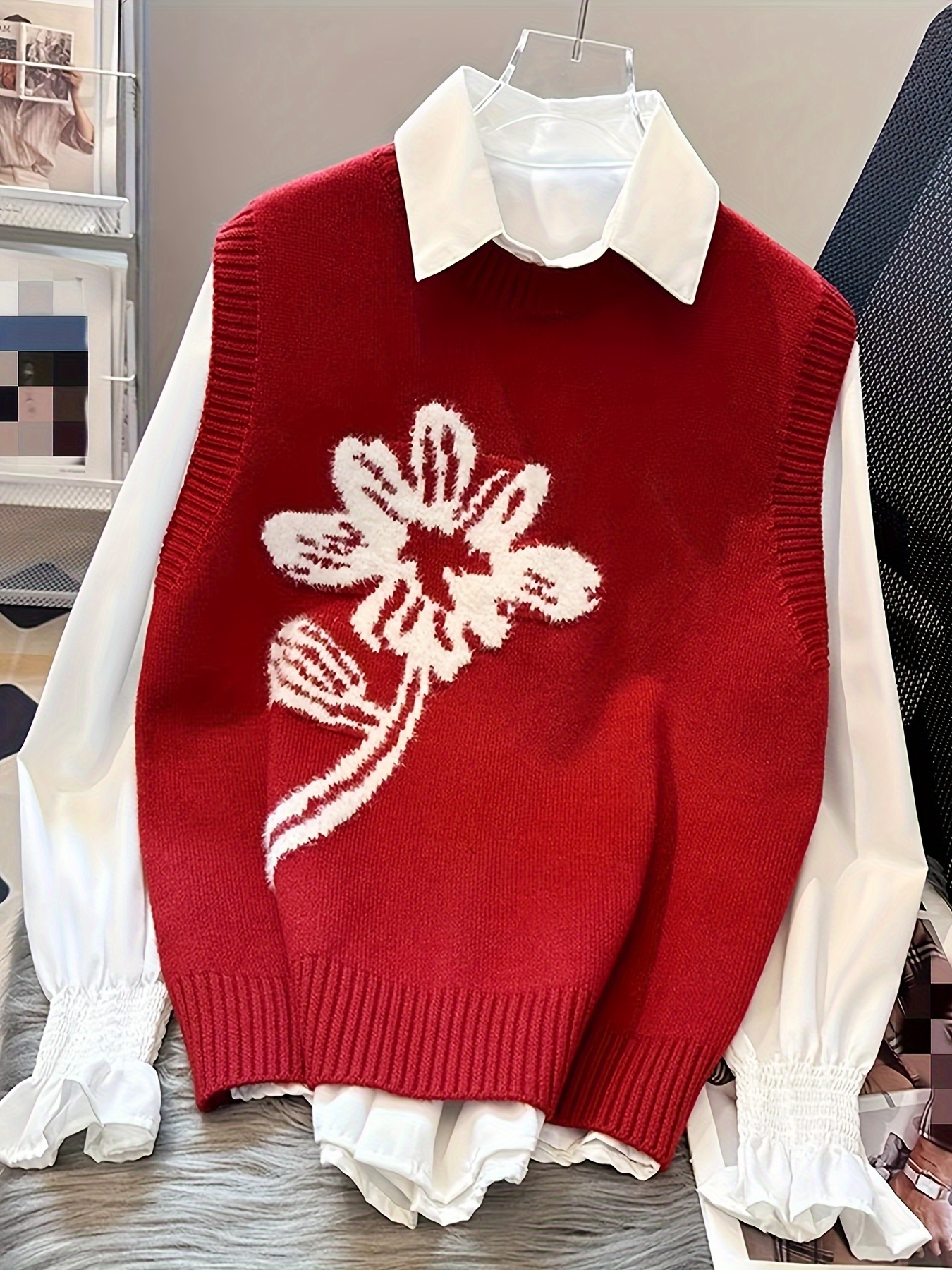 1pc Women'S Color Block Floral Jacquard Knit Cardigan Crew Neck  Sleeveless Sweater Vest for Acrylic Fabric