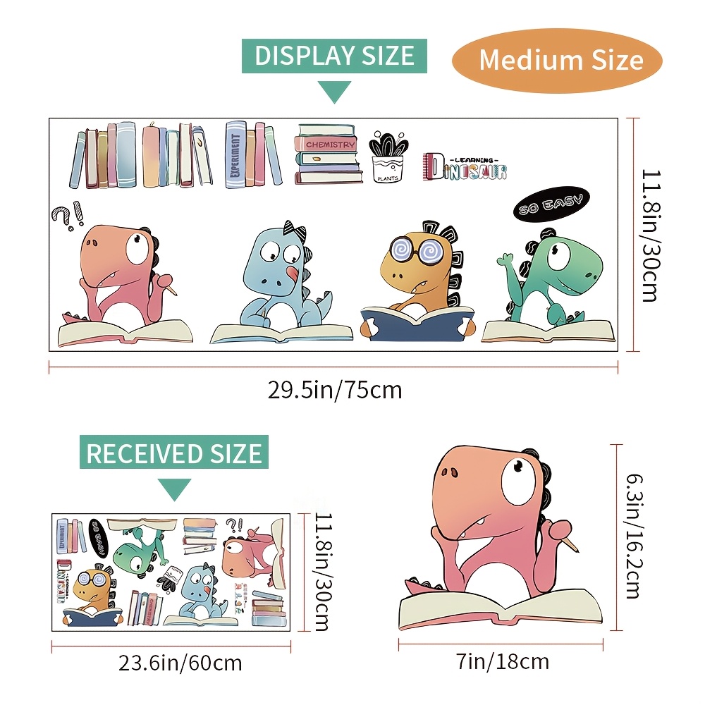 Image of Cartoon Wall Stickers Self-adhesive Kids Room Decoration Bedroom Decor Study Sticker Room Layout Cute Dinosaur Reading Pattern