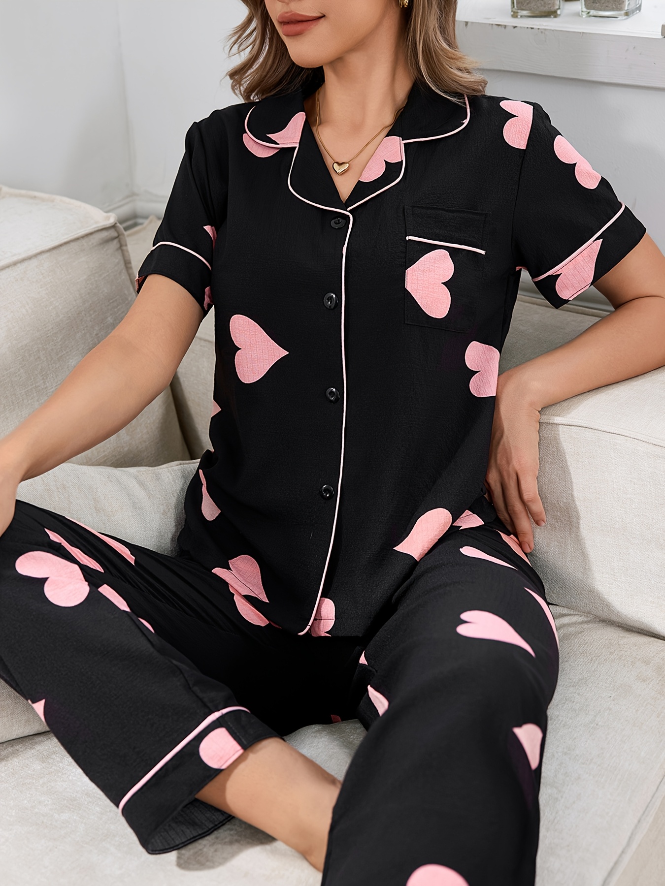 bubble chiffon womens summer pajama set with short sleeves and long pants sweet colorful love print button top and trousers for   in summer Product details 0