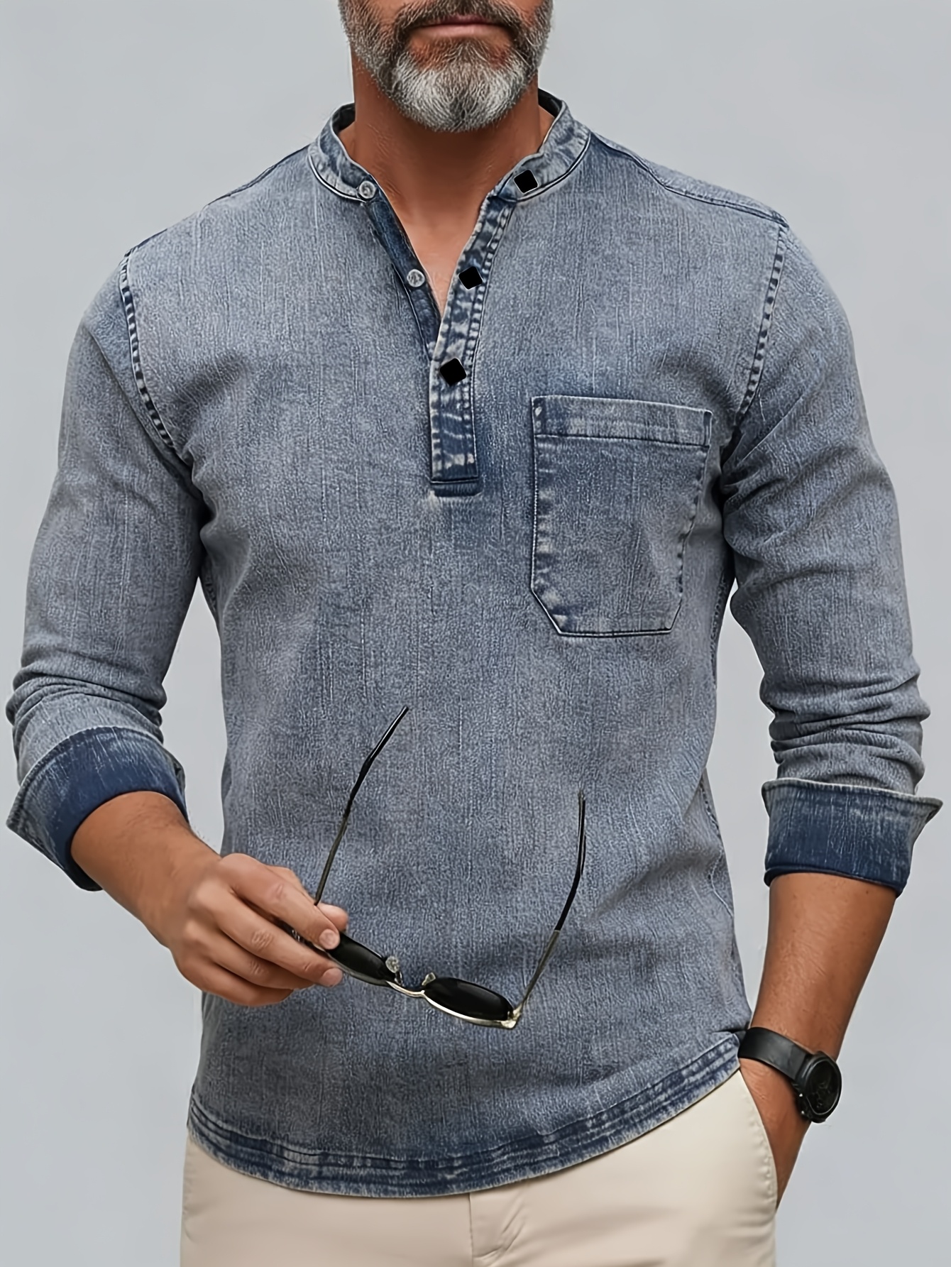Men'S Novelty Henley Collar Denim Shirt, Heavy Washed Denim, Pocket Workwear Top, Casual Vintage Style