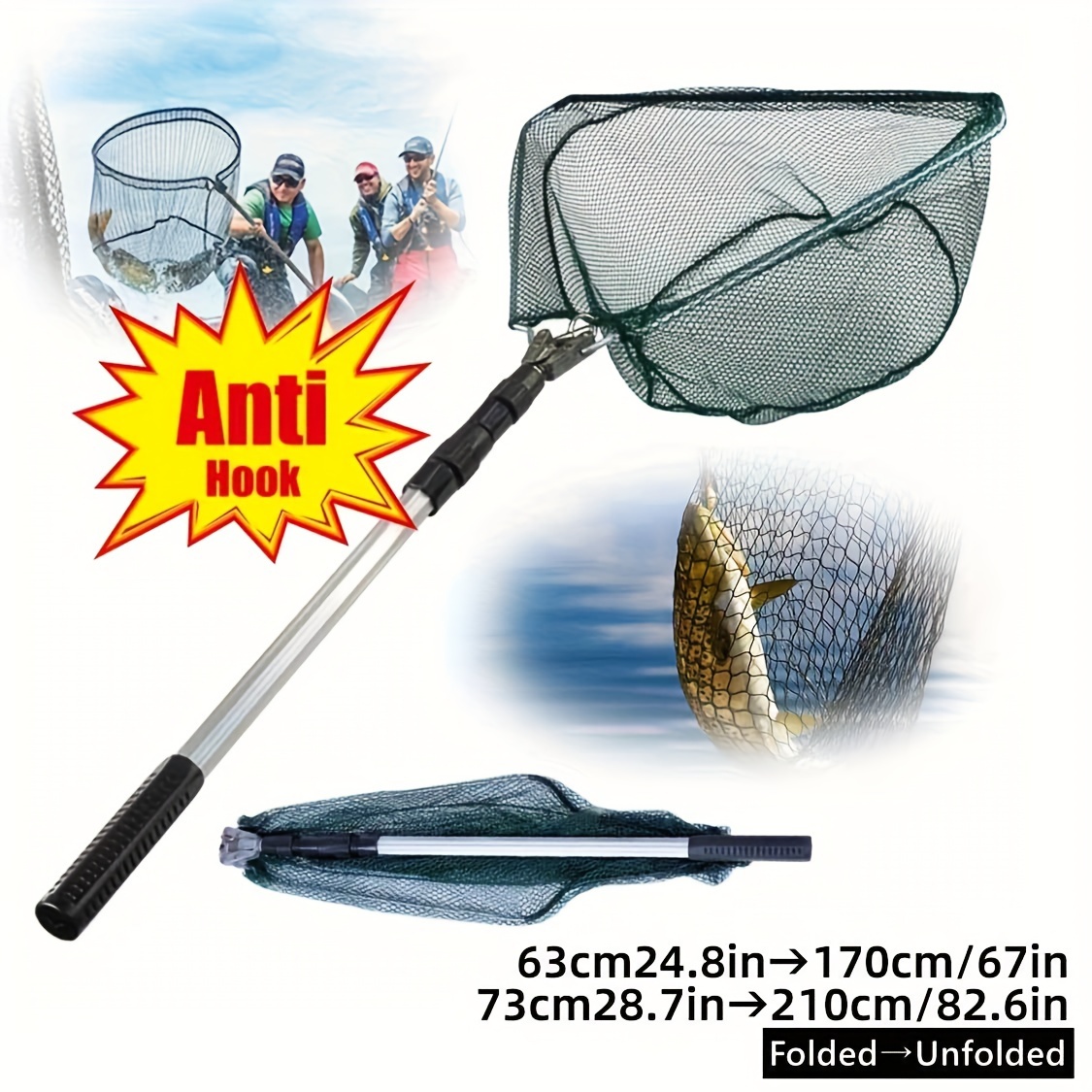 

' Collapsible Fishing Net With Telescopic Aluminum Pole Handle - Extendable 28.7-82.6 Inches, Anti-hook Design, Green Mesh For Freshwater