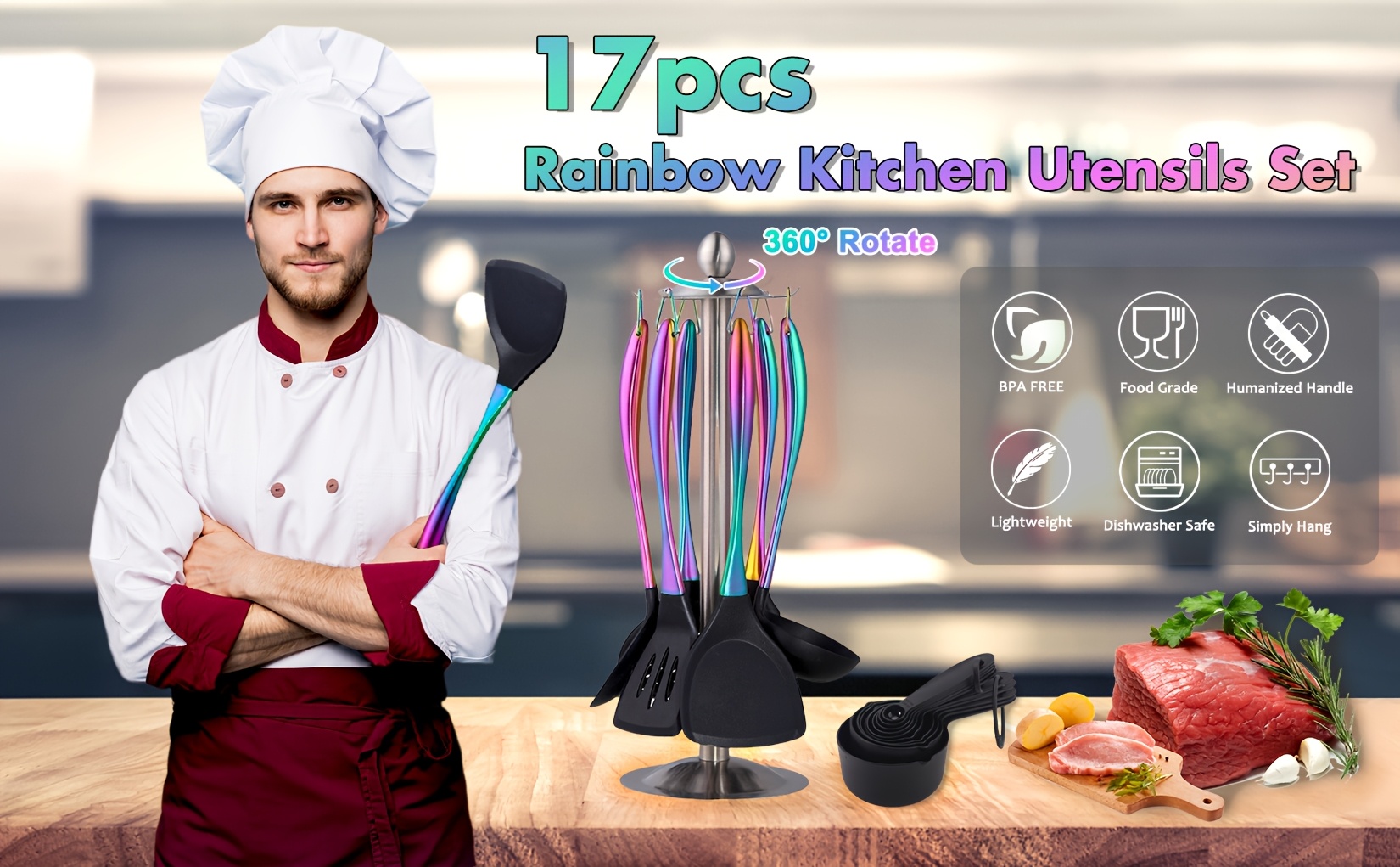 kitchen utensils set 17pcs titanium rainbow silicone spatula silicone cooking utensils set with holder heat resistant silicone utensils for cooking non stick spatula set ladle with stainless steel handle skimmer details 0