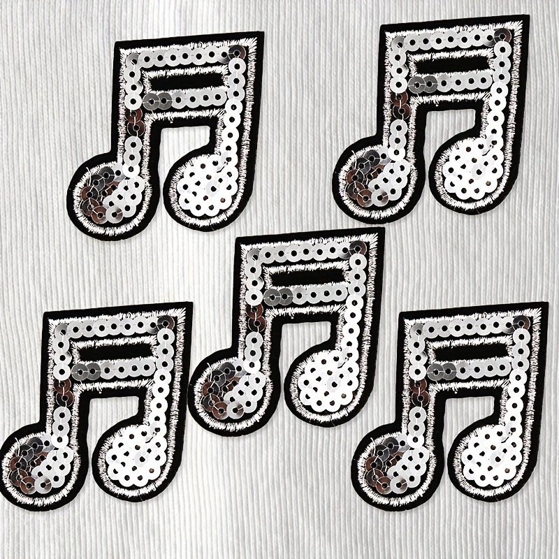 

5pcs Sparkling Music Note Sequin Embroidery Fabric Patches, Iron-on Or Appliques Suitable For Diy Denim Jackets, Jeans, T-shirts And Backpacks, Diy Fashion Decorative Accessories