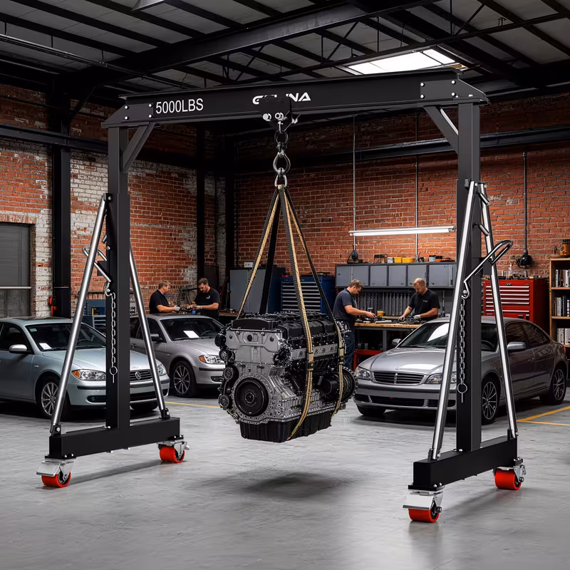 crane 5000lbs steel construction adjustable height 8 53 12 47ft with 360 locking wheels portable shop hoist for auto repair Product details 5