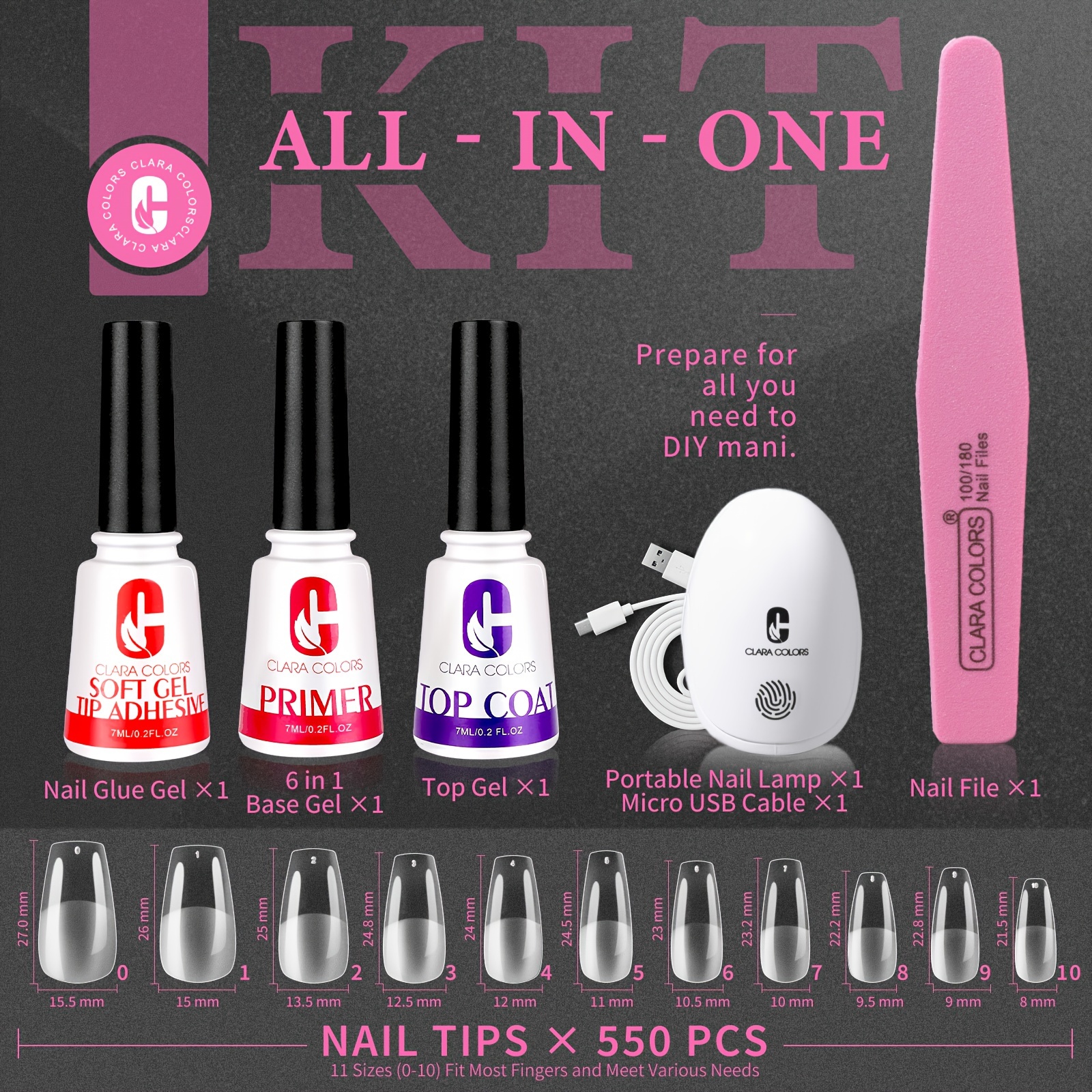 

Clara Colors Nail Tips And Glue Gel Kit - 550pcs Soft Gel Nail Tips Half Matte Medium Coffin Shape With Mini Led Nail Lamp, Top Coat And Primer, Diy Nail Art Extension Set