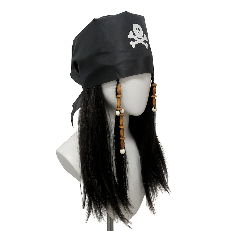 retro pirate theme hat wig black long straight hair braided beaded design synthetic fiber material non deformable unisex halloween carnival party styling prop