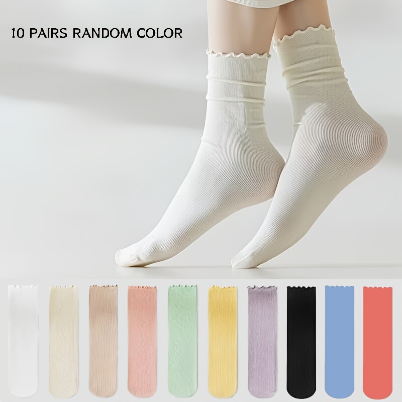TEMU 10-pair Random Color Women'-edge Socks, Summer Ruffle Breathable Versatile Lace Socks, New Style Slouch Socks
