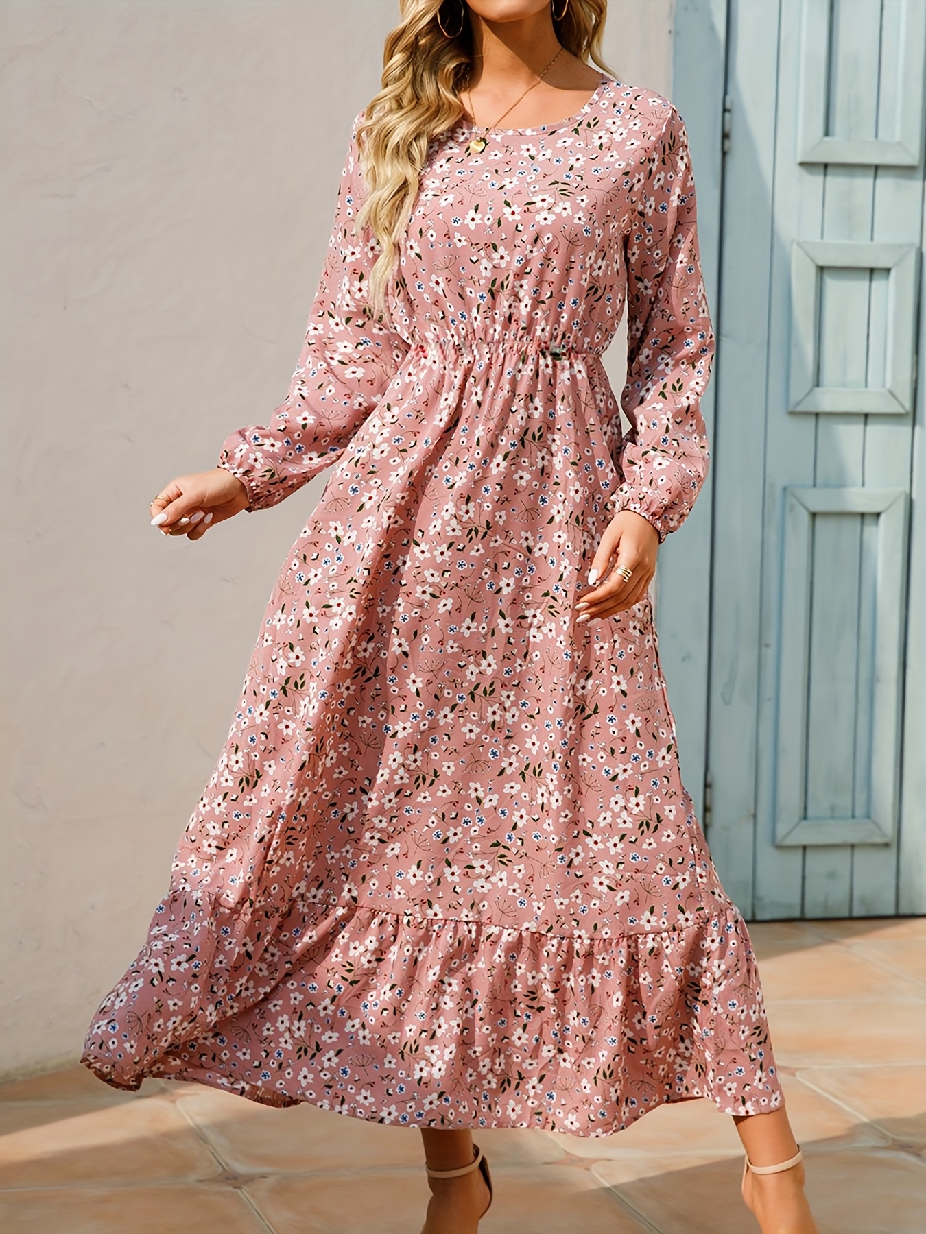 bohemian flowy ruffle long dress casual floral print long - Temu