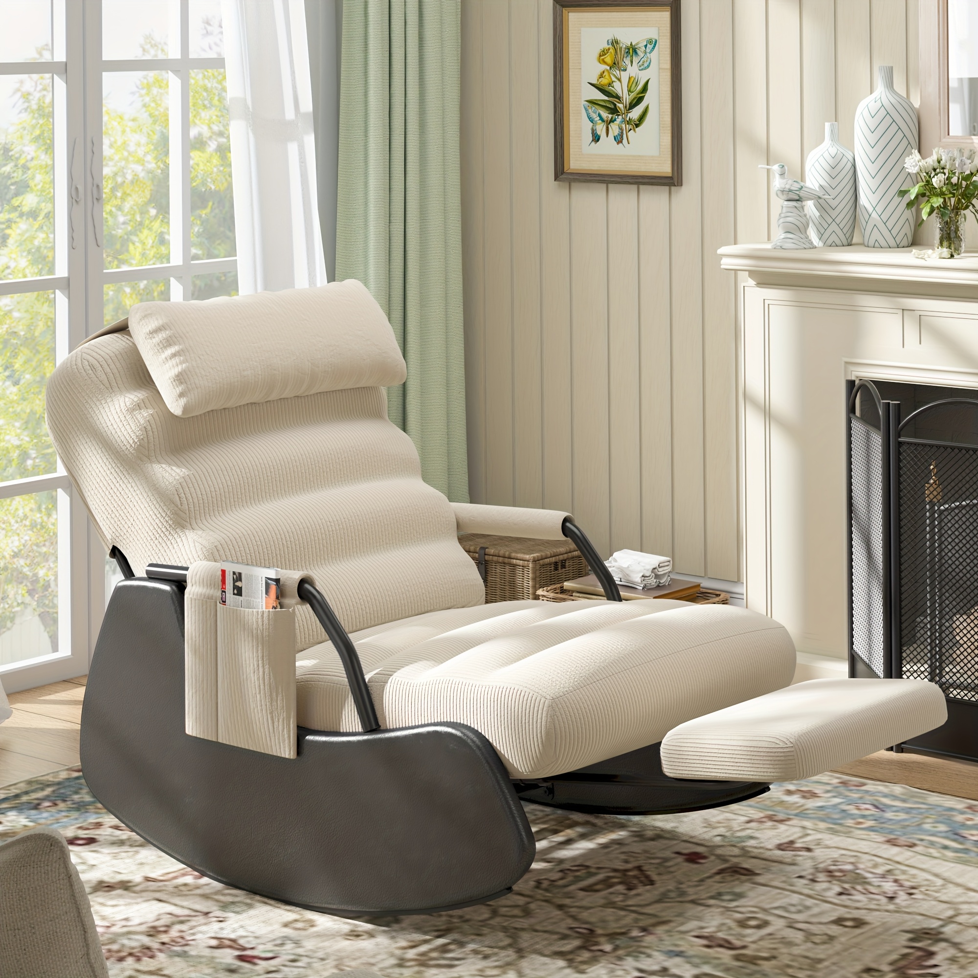 VIWAT Nursery Glider Rocking Chair with Soft Cushioned Seat & Headrest, Corduroy Upholstery Manual Rocker, Plush Accent Chair with Side Pocket for Nursery, Living Room, Bedroom - Dark Grey/Black (No Wood, Easy Assembly) -Friendly