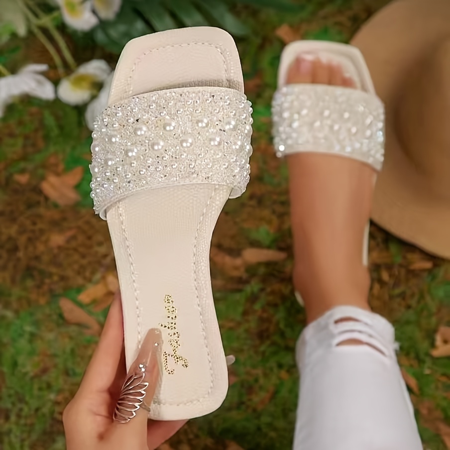 TEMU Sandales de plage d'été pour femmes, à enfiler, pour les loisirs air, ornées de perles et de strass, chaussures pour femmes