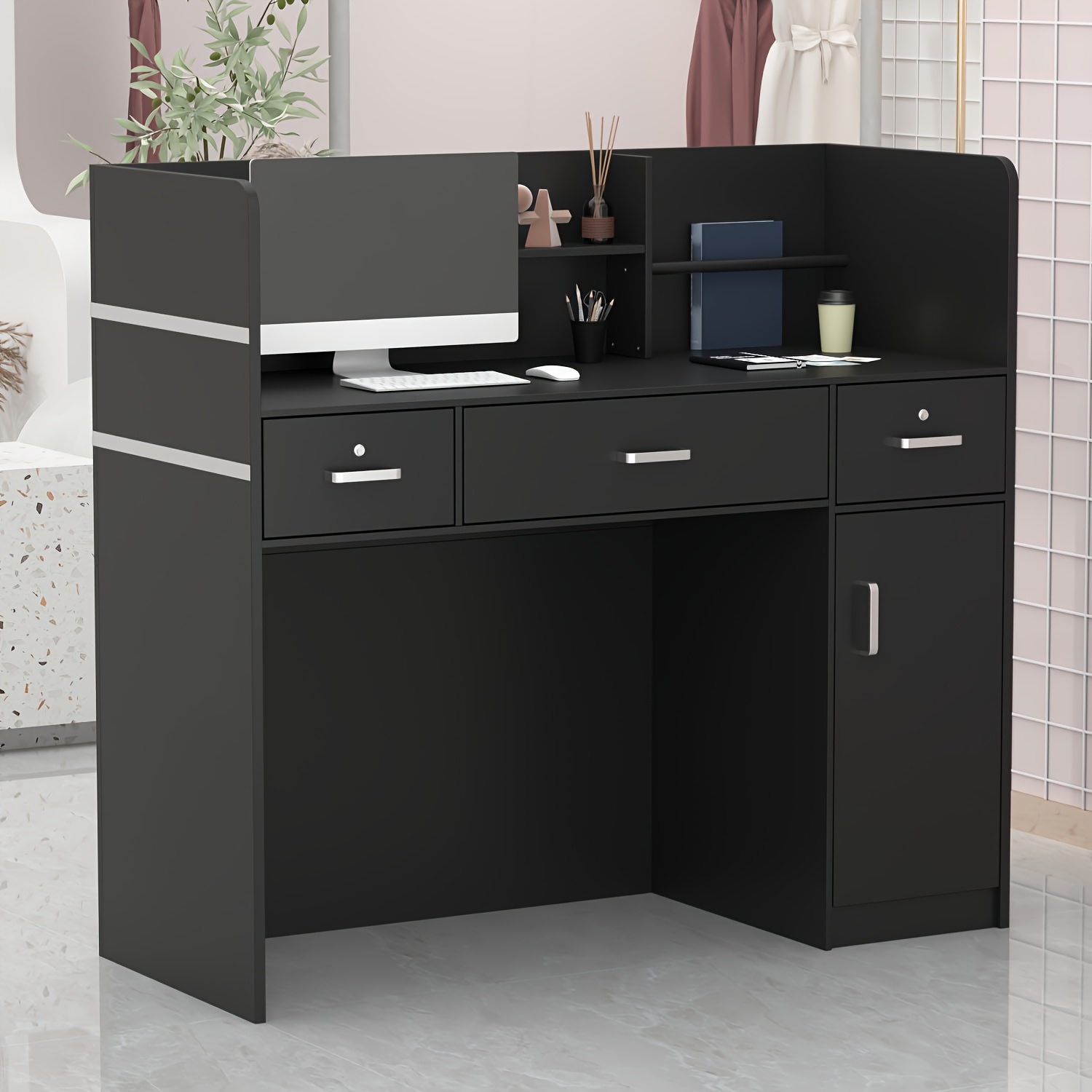 Modern Computer Desk with Drawers And Open Shelves, Functional Workstation for Home Office, Wood Home Office Desk Station with File Drawer And Storage Cabinet, Stylish Design