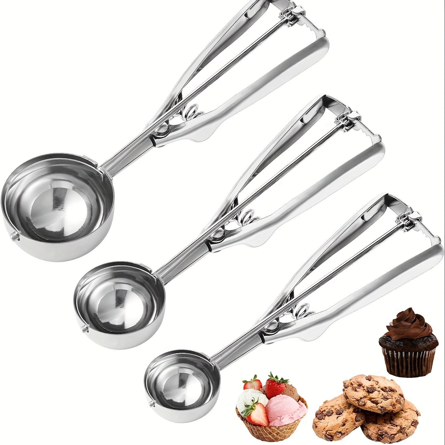 Image of 1/3pcs Stainless Steel Ice Cream Scoop, Scoop For Baking, Trigger Release Design, Ideal For Cupcakes, Ice Cream, Muffins, Meatballs And Melon Balls