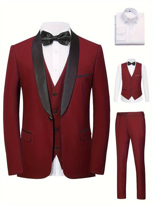 mens 4pcs suit elegant solid color shawl lapel matching vest shirt pant with adjustable waistband classic wedding parties formal events