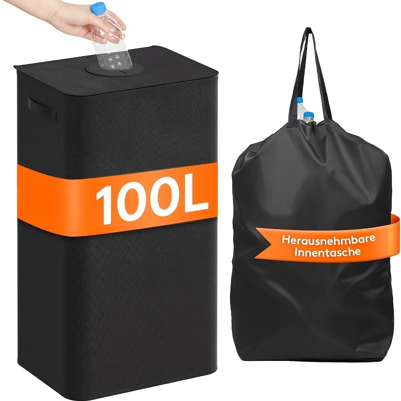 E-shop 100L Faltbarer Leinwand-Flaschen-Einzahlbehälter mit Deckel - Großes Rechteckiges Recyclingschachtel für Küche, Zuhause, Büro - Robuste