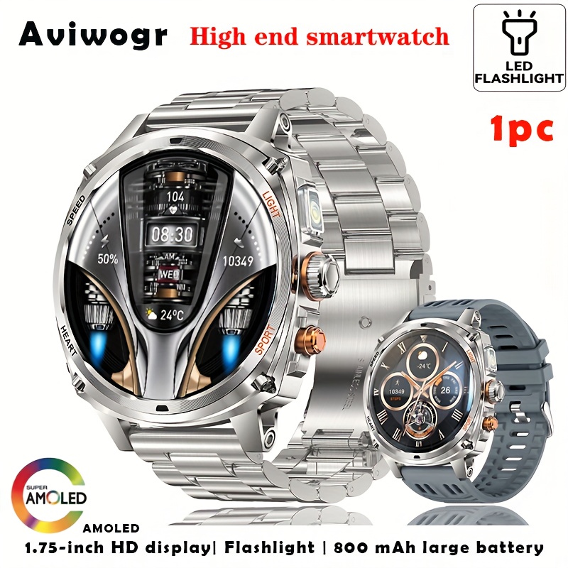 2025 Sports Smartwatch with Built-in 800mAh Battery, Full-Screen Spherical Touch 1.75-inch HD AMOLED Display, Wireless Call Answering, LED Flashlight, USB Charging, Stainless Steel Strap, Multi-Sport  , Suitable for iPhone and  , Holiday Gift, Smart Wearable Tech, Stylish Wristband, Durable Stainless Steel Strap, Wireless Calling Watch, Fitness Enthusiasts