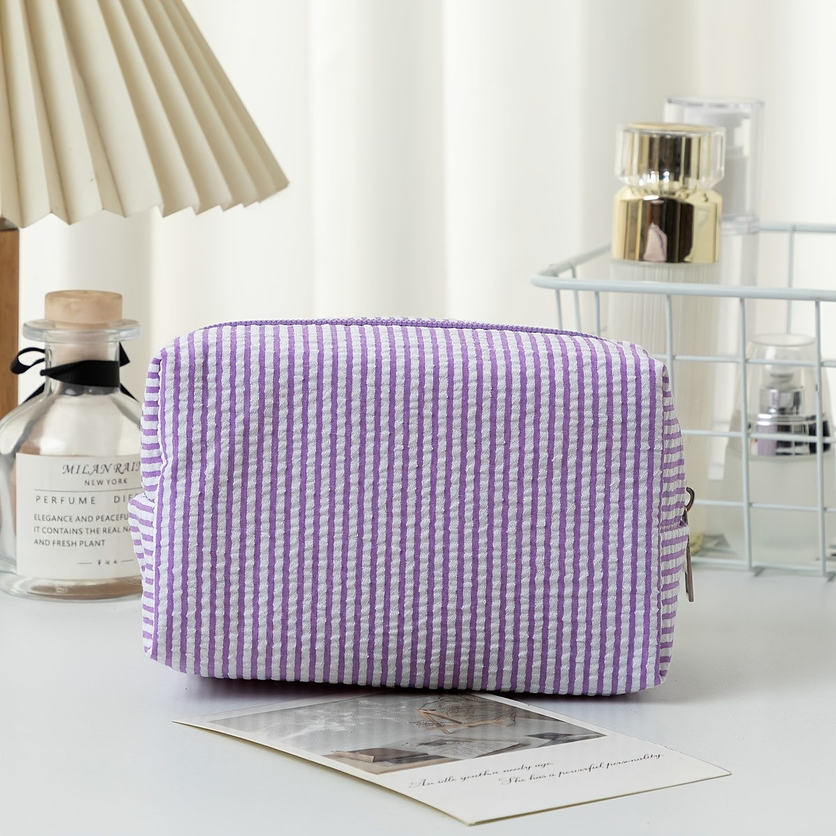 TEMU Beauty case a righe in organza, piccolo beauty case da borsa, custodia portatile da viaggio per cosmetici, astuccio per cancelleria, borsa
