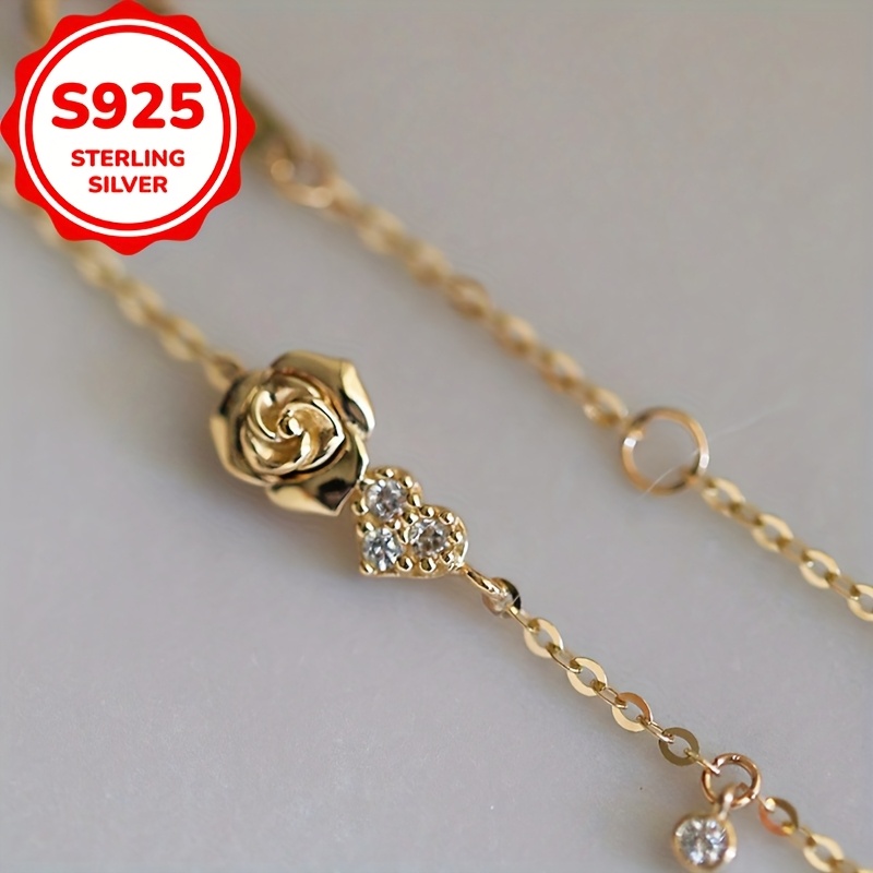 Women's S925 Sterling Silver Rose and Heart Charm Bracelet