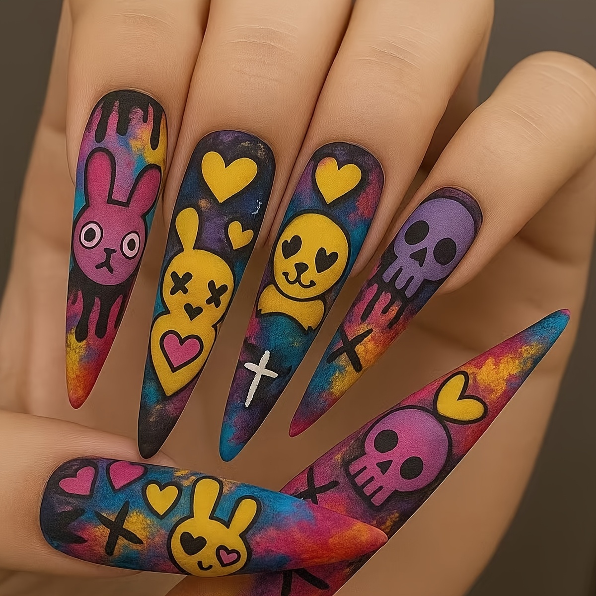 TEMU 24pcs Color Pointed Long Press On Nail Pieces, Featuring Horror Patterns Such As Rabbits And In , Designed With Matte Fake Nails, Suitable For