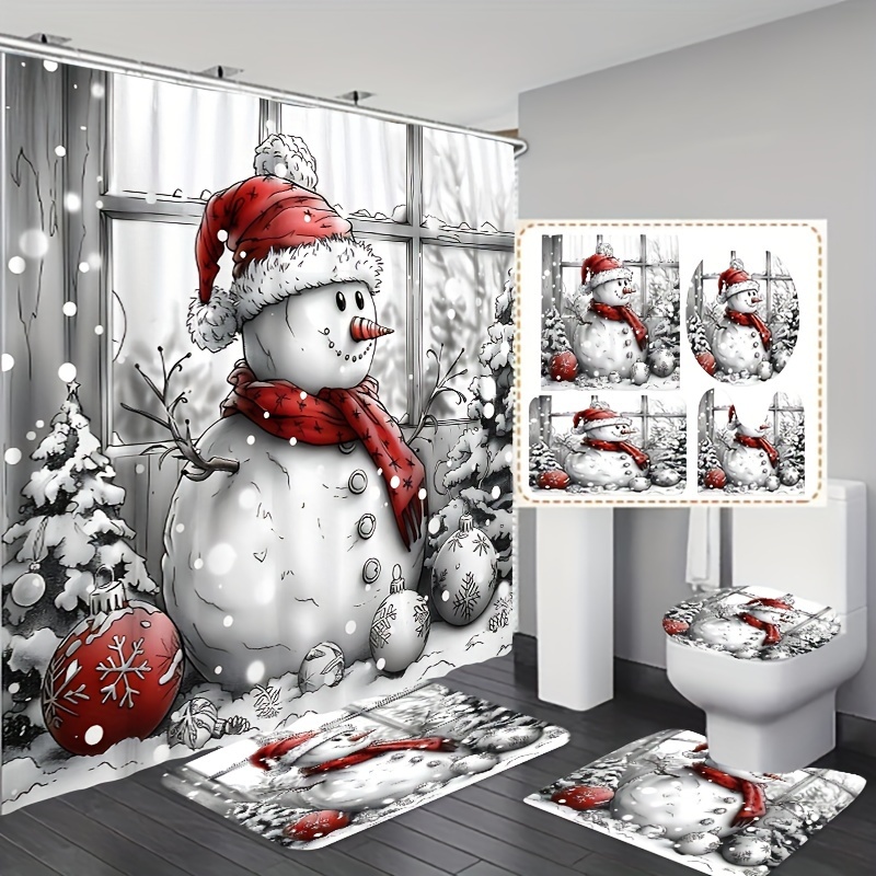 

Winter Christmas Red Scarf Snowman Bath Ensemble Set With Machine Washable Polyester Bath Accessory, Woven Design And Hooks Included - 1pc/3pc/4pc Options