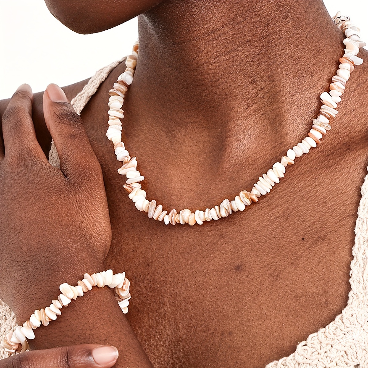 

Natural Irregular Shell Bead Necklace And Bracelet Set, Summer Beach Fashionable Style, Minimalist Black Elegant Jewelry, Adjustable Clasp Closure For Women