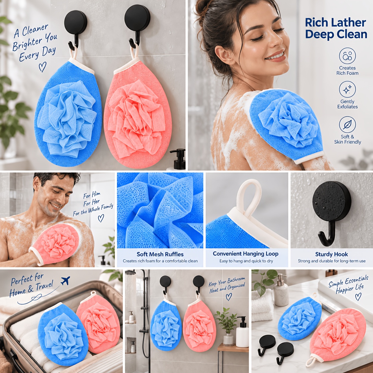 Bath Loofah Gloves with Black Round Hooks, 3D Mesh Design