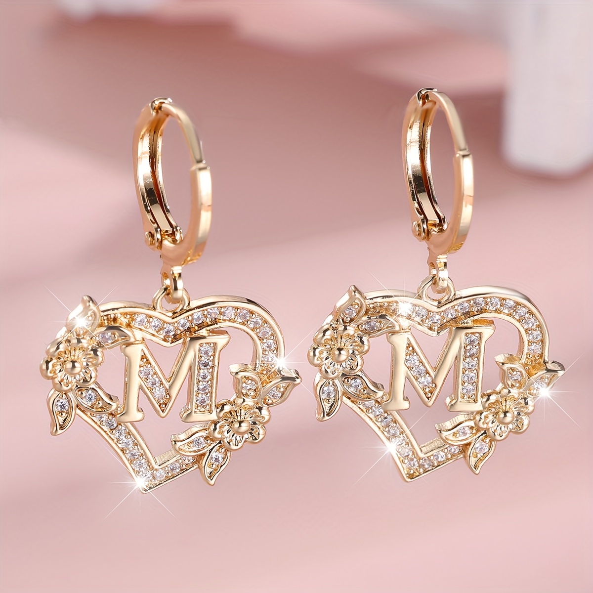 Image of Floral Alphabet Heart Pendant Earrings, Copper Construction With Synthetic Synthetic Zircon​ Accents, University Theme Pendant Earrings, A-z Letter For Women Teenagers Over 5, Birthday Jewelry Gift