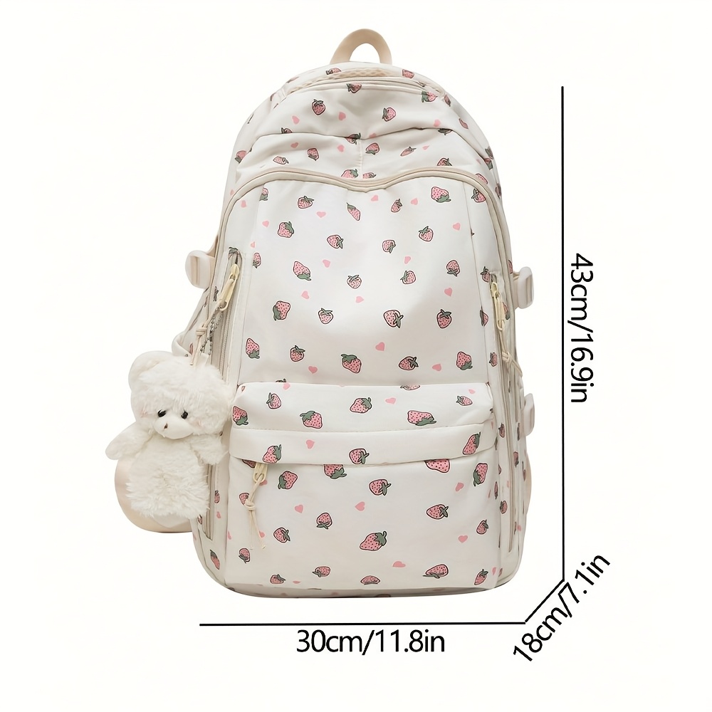 fashion printed rose ladies backpack multi compartment and pockets thick and sturdy student backpack with teddy bear pendant decoration large capacity details 0