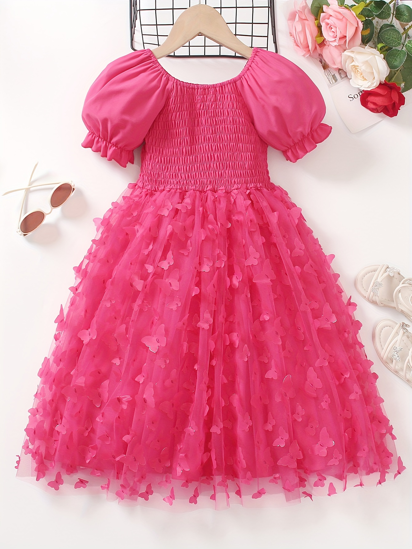 girls adorable butterfly appliques princess dress ruched sleeve mesh stitching smocked dresses